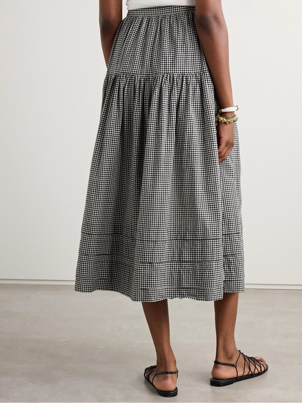 Maison D'Amelie Paris Black and White Gingham Tiered Midi Pleated Skirt, sz 2